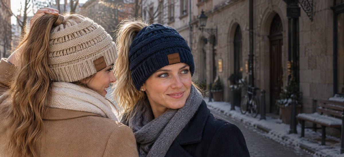 Two women wearing Ponyloop ponytail beanies in winter